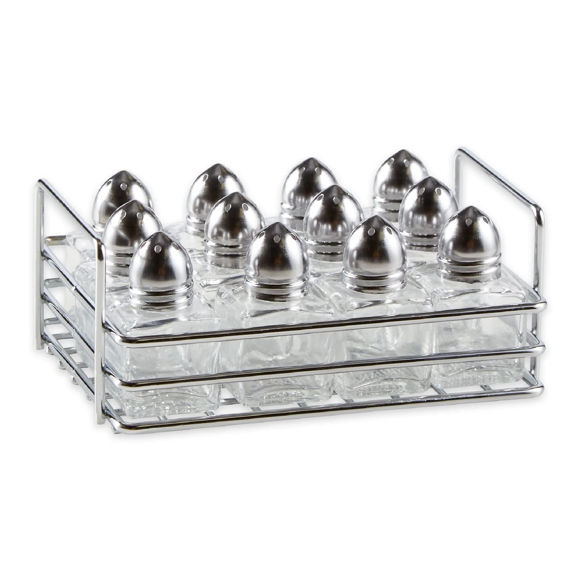 RSVP International Mini Glass Salt & Pepper Shaker Set with Holder, 12 Shakers, Chrome & Stainless Steel, 0.5 oz (15 ml) Capacity — Chrome/Stainless Steel