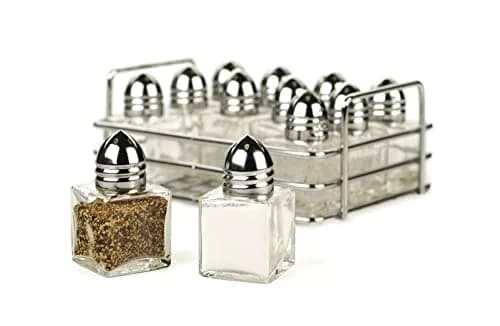 RSVP International Mini Glass Salt & Pepper Shaker Set with Holder, 12 Shakers, Chrome & Stainless Steel, 0.5 oz (15 ml) Capacity thumbnail 3