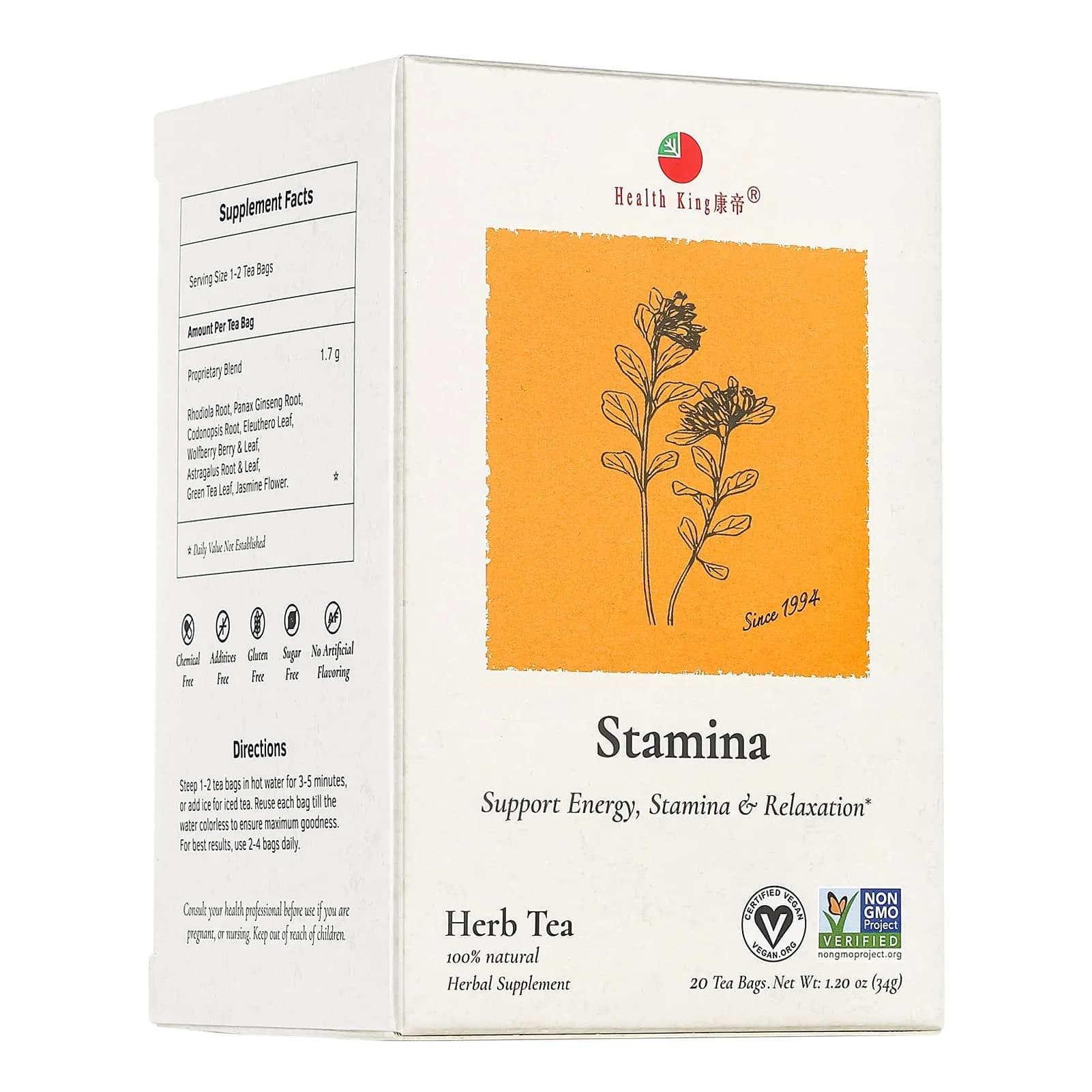Health King Stamina Herb Tea, Teabags, 20 Count Box | Natural Energy & Relaxation (70-120 chars) - main product image
