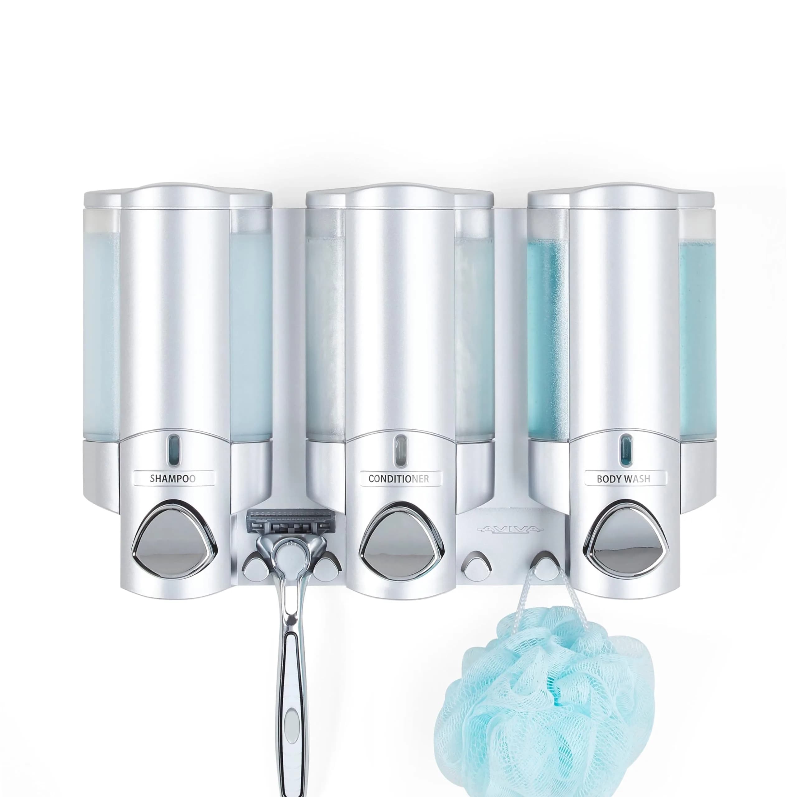 Better Living Aviva Wall Mount Shower Dispenser, 3 x 11 oz, Satin Silver | 3 Chamber, Waterproof ABS