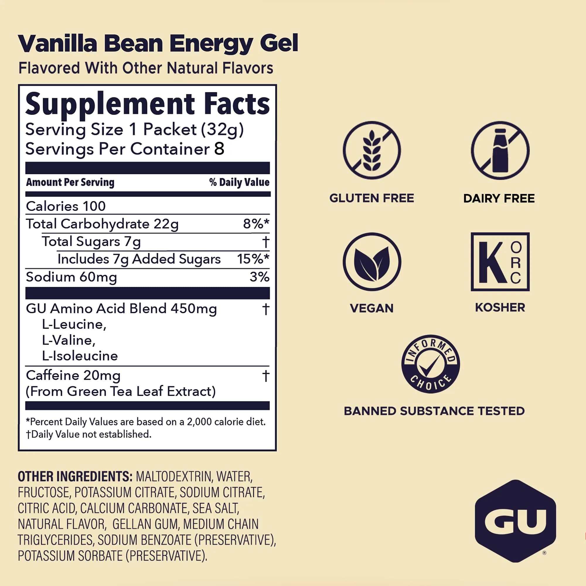 GU Energy Original Vanilla Bean Energy Gel 1 Fl Oz (32ml) | Vegan, Gluten-Free, Dual-Source Energy - view 3