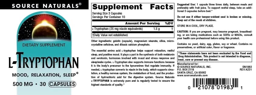 Source Naturals L-Tryptophan 500mg | Supports Restful Sleep & Mood (70-120 chars) thumbnail 4