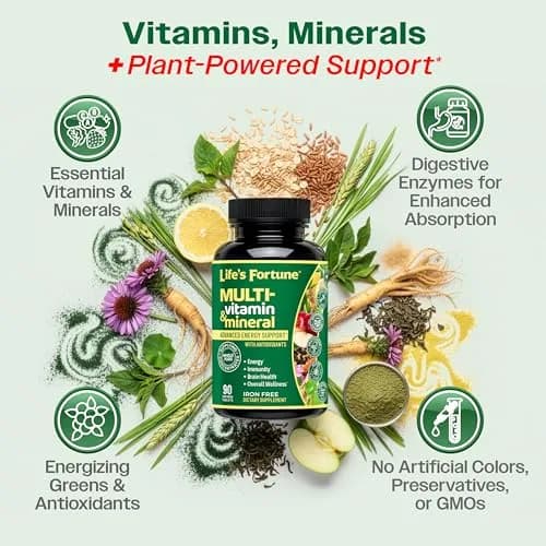 Life's Fortune Whole Food Multivitamin & Mineral Supplement for Men & Women – Energy Support Vitamins for Immune, Brain & Metabolism Support – Iron Free, 90 Vegetarian Tablets thumbnail 4