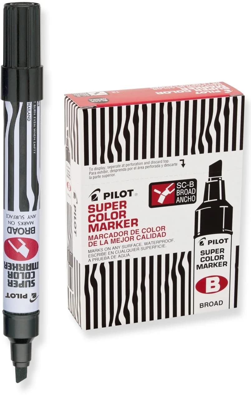 PILOT Super Color Jumbo Refillable Permanent Markers Black 12-Pack | Broad Chisel Tip, Waterproof, Fast-Drying