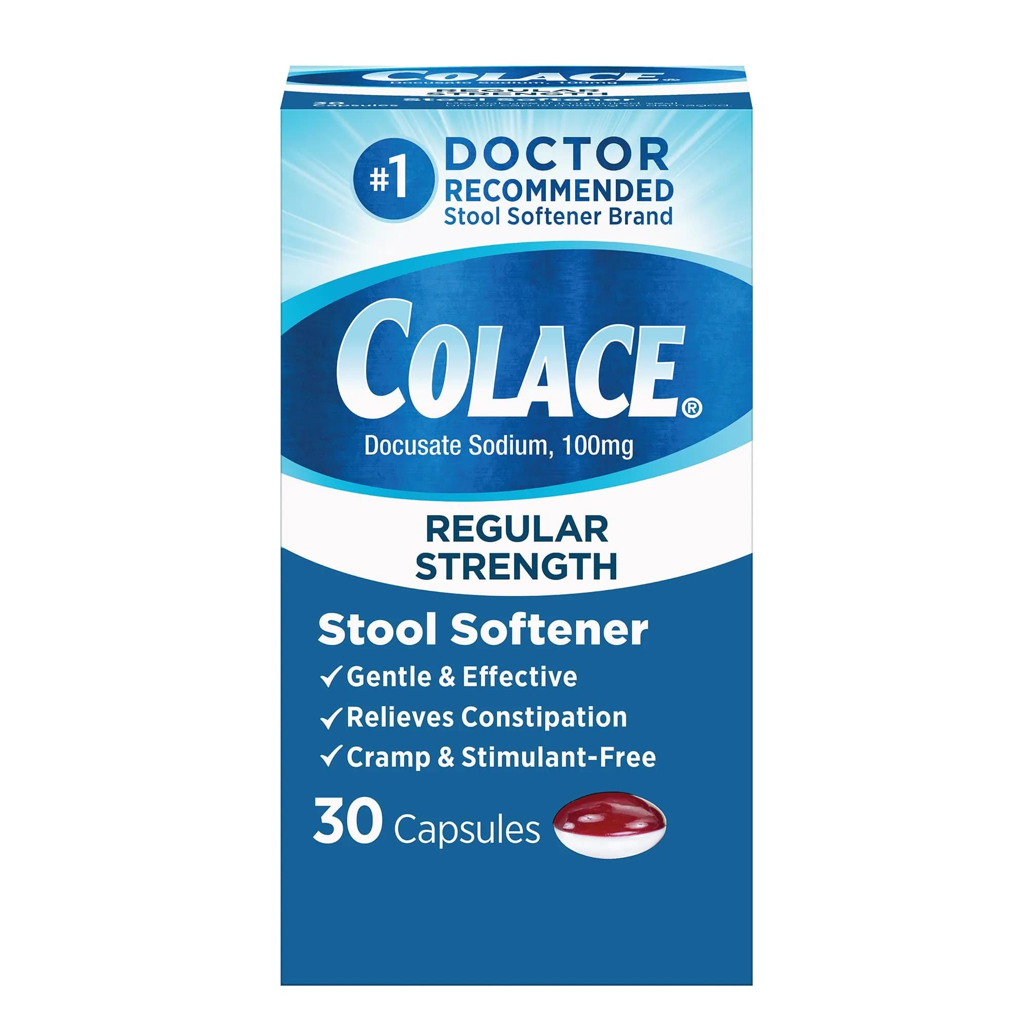 Colace Stool Softener Capsules 100 mg (30 Count) | Gentle Constipation Relief