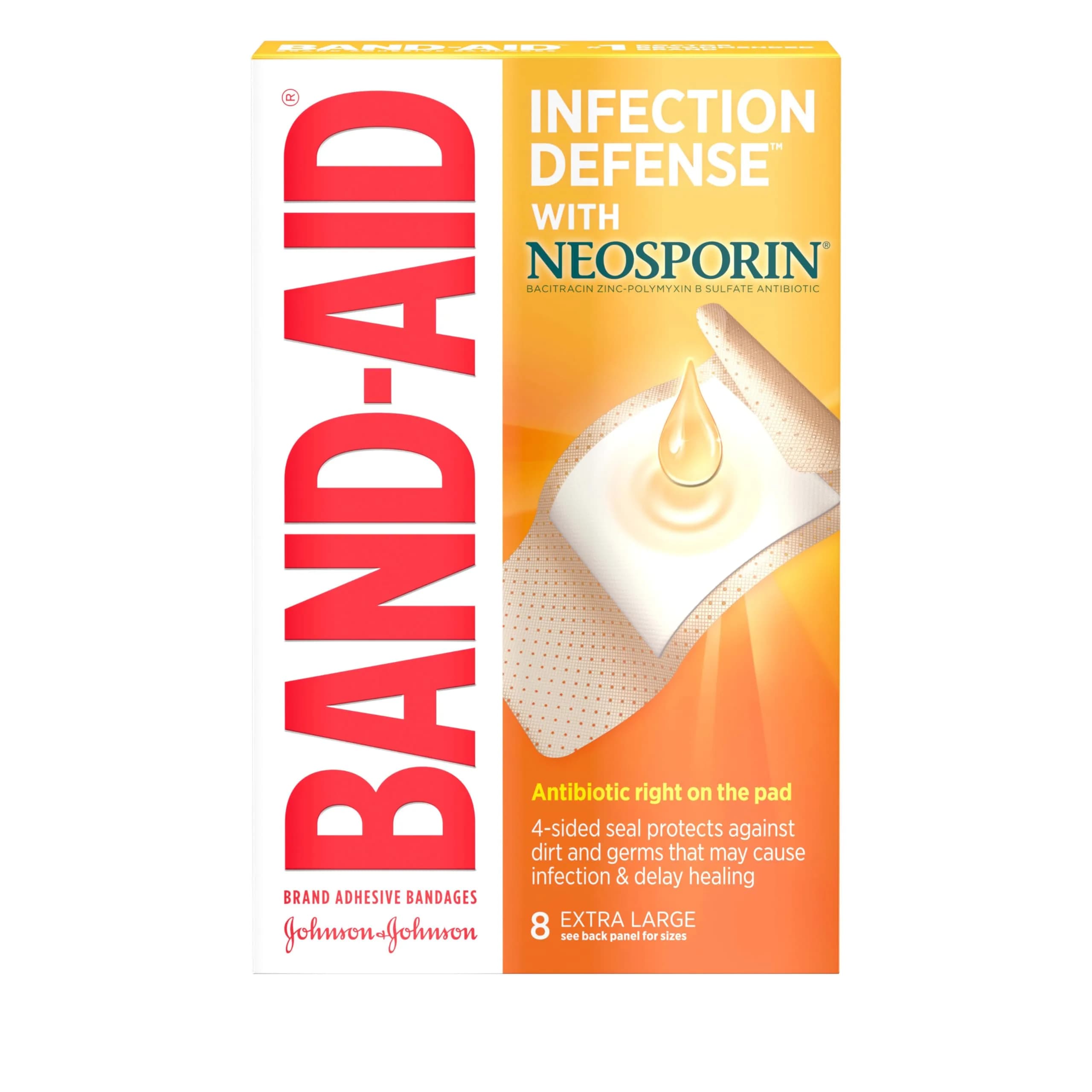 Band-Aid Adhesive Bandages Infection Defense Extra Large 8 Count | Sterile Wound Care with Neosporin
