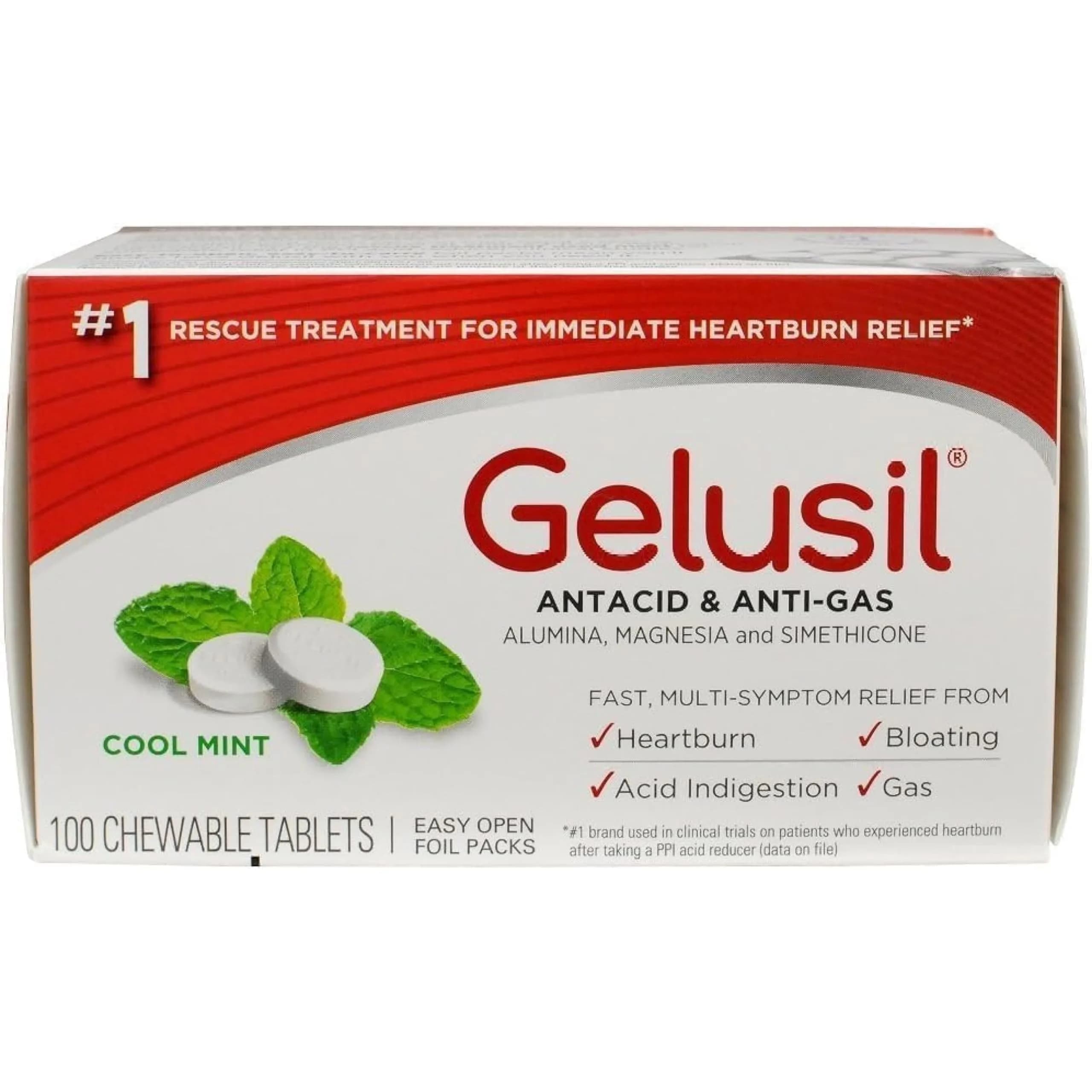 Gelusil Antacid & Anti Gas Tablets for Heartburn Relief, Acid Reflux, Bloating and Gas, Cool Mint - 100ct Blister Pack | Fast Relief & Safe for Night Use — White