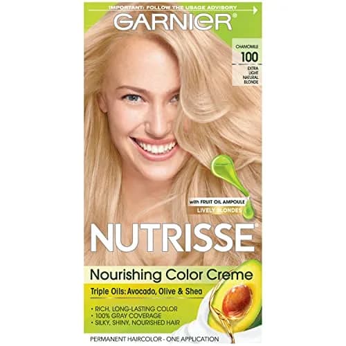 Garnier Nutrisse Permanent Hair Color Creme, 100 Extra-Light Natural Blonde (Chamomile) | Nourishing Triple Fruit Oil Formula thumbnail 1