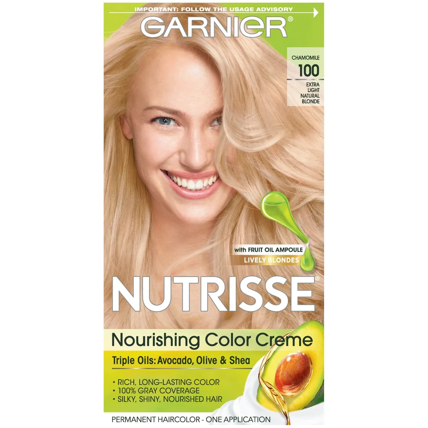 Garnier Nutrisse Permanent Hair Color Creme, 100 Extra-Light Natural Blonde (Chamomile) | Nourishing Triple Fruit Oil Formula - main product image