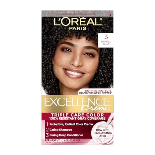 L'Oreal Paris Excellence Crème Permanent Hair Dye 3 Natural Black | Triple Care Color Routine with Hyaluronic Acid for 100% Gray Coverage thumbnail 1