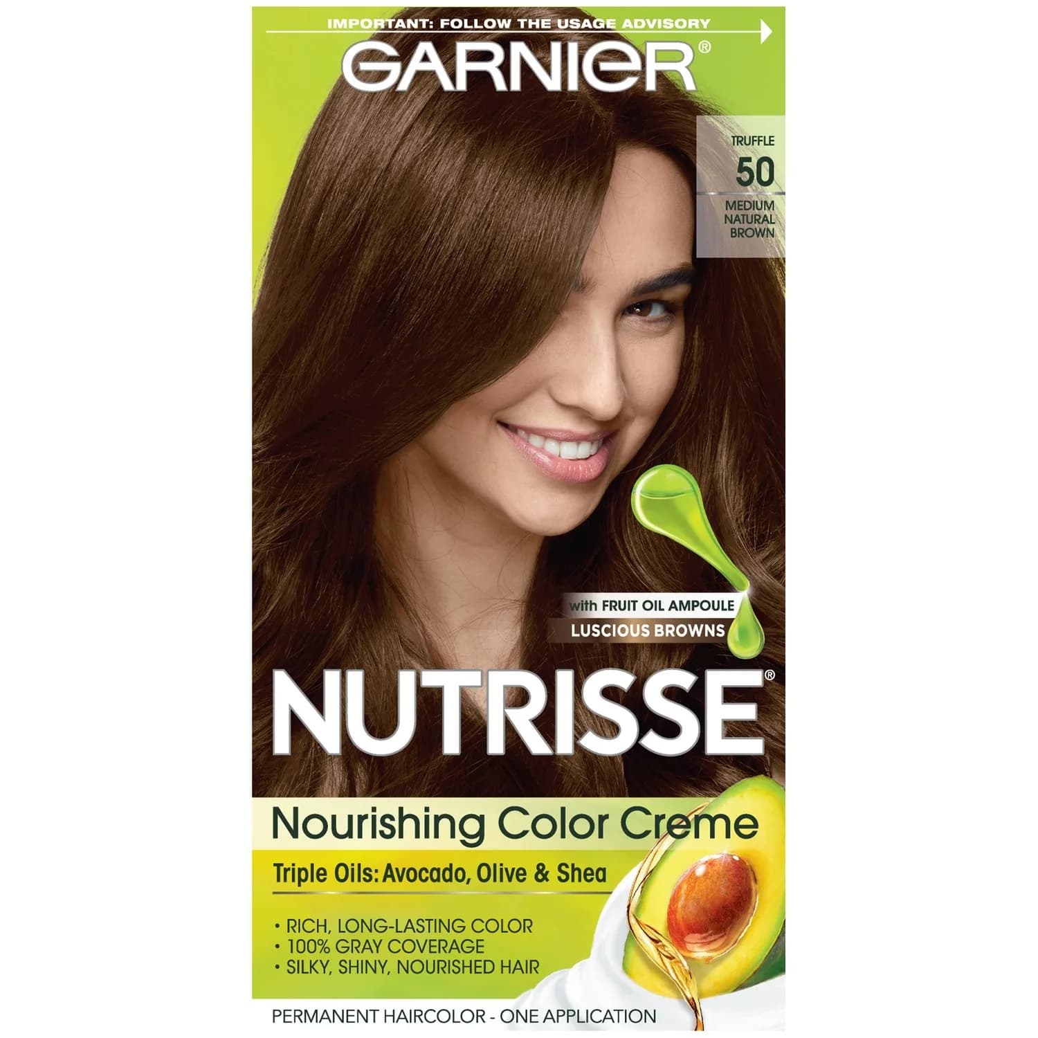 Garnier Nutrisse Nourishing Hair Color Creme, 50 Medium Natural Brown (Truffle) 4.13 fl oz (122 ml) | Permanent Grey Coverage - main product image
