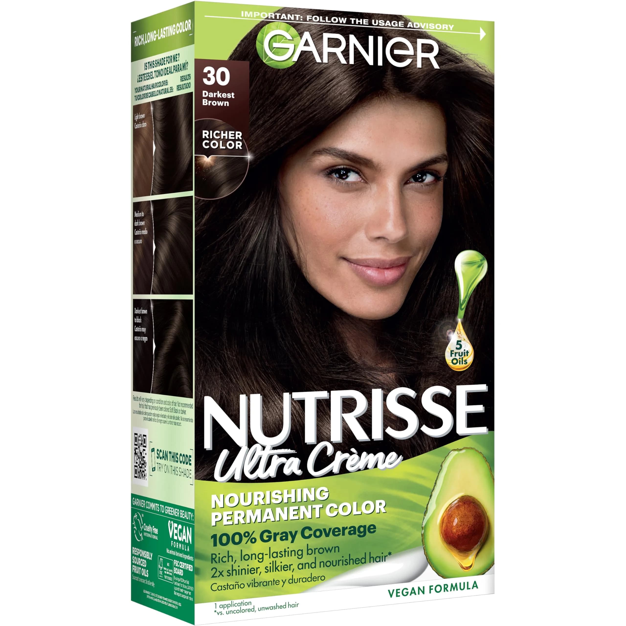 Garnier Nutrisse Ultra Crème Hair Color 30 Darkest Brown | 100% Gray Coverage & Nourishing Fruit Oils — 30 Darkest Brown (Sweet Cola)