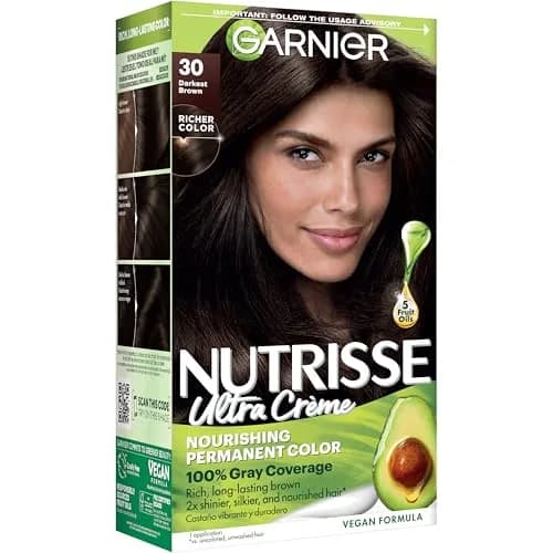 Garnier Nutrisse Ultra Crème Hair Color 30 Darkest Brown | 100% Gray Coverage & Nourishing Fruit Oils thumbnail 1