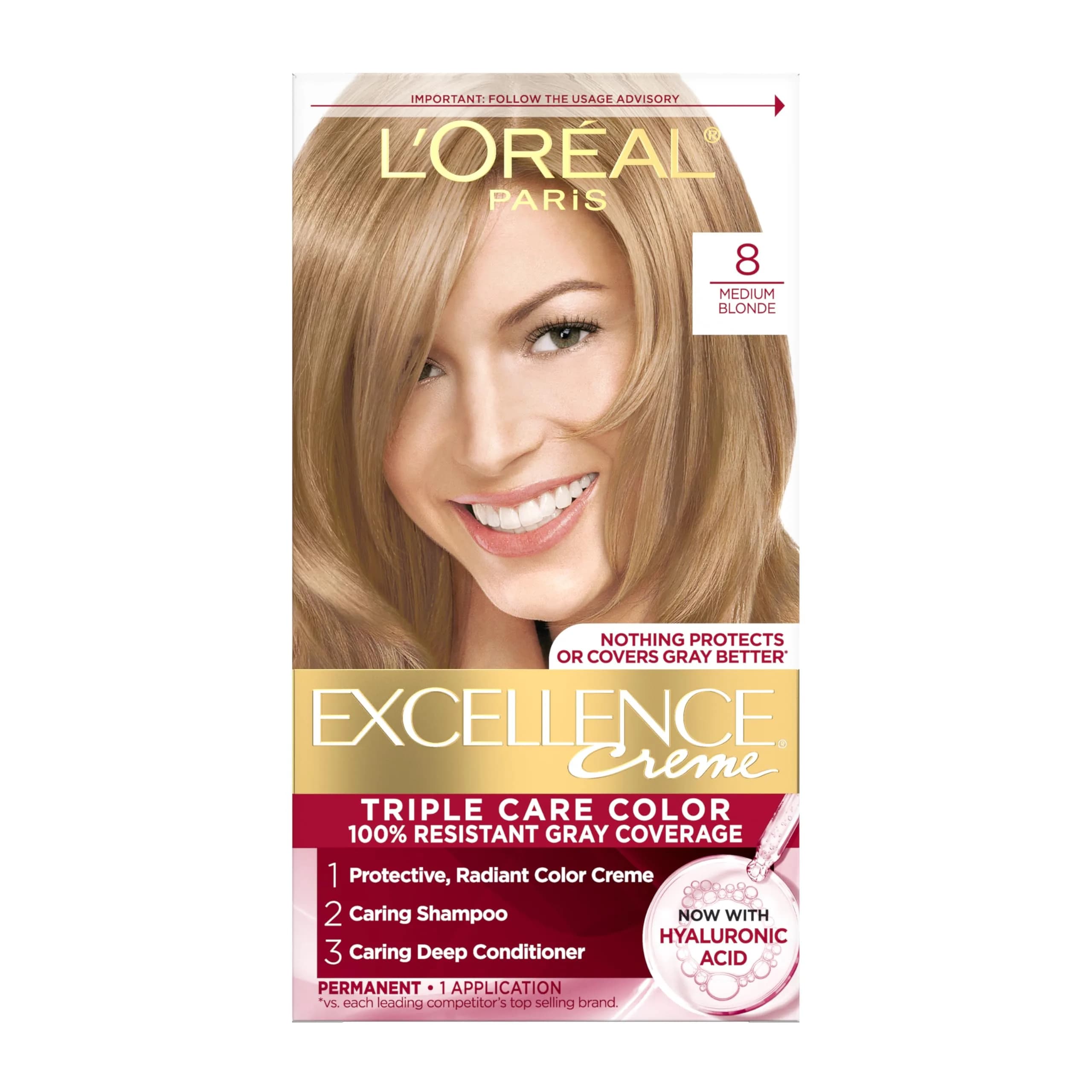 L'Oreal Paris Excellence Crème Permanent Hair Dye Dark Chocolate Brown | Triple Care Color Routine with Hyaluronic Acid — 8 Medium Blonde