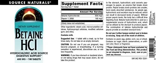 Source Naturals Betaine HCl 650 mg Tablets | Digestive Support with Pepsin (180 Count) thumbnail 4