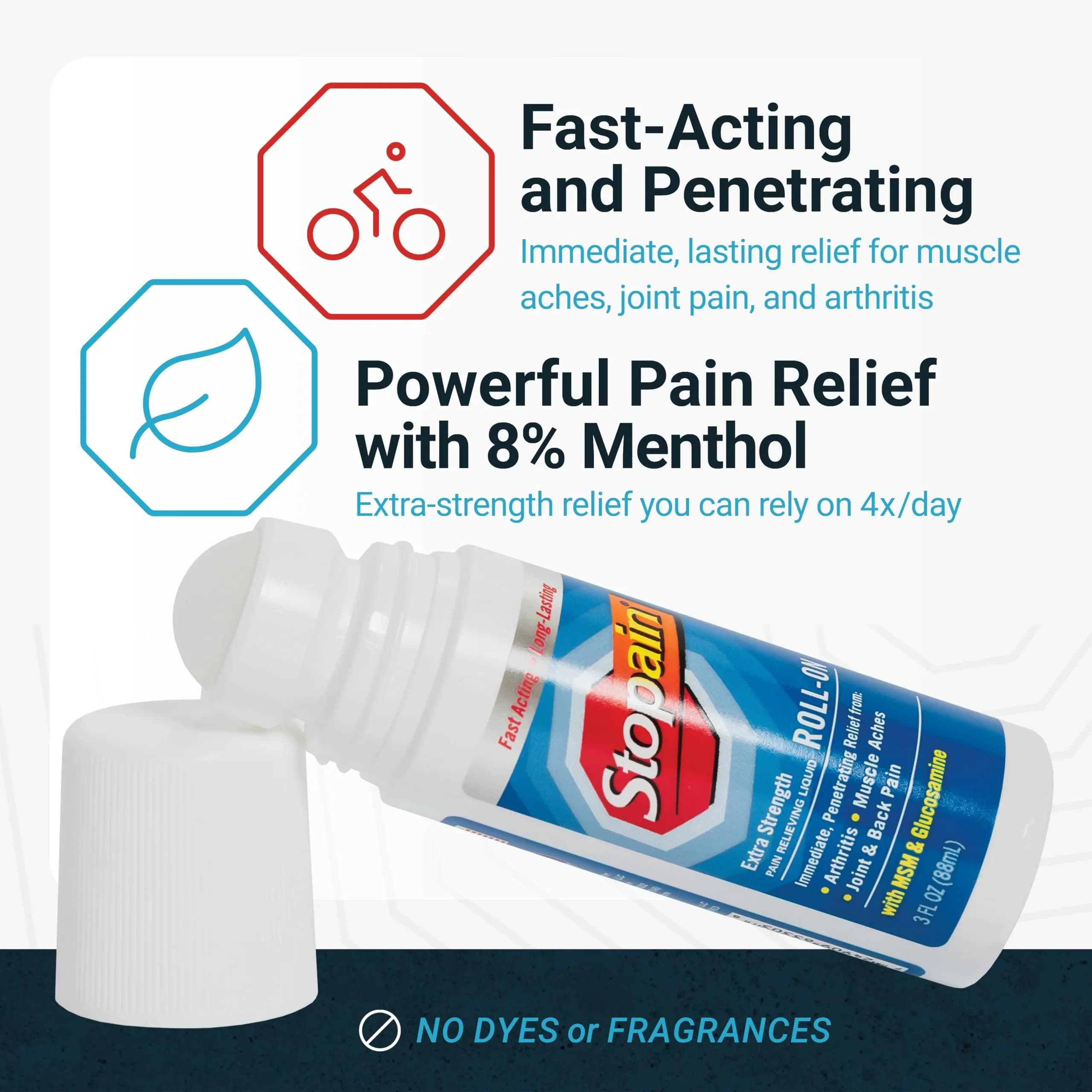 Stopain Pain Relief Roll-On Gel 88.7 ml (3 Fl Oz) | Menthol 8% Topical Analgesic for Arthritis & Muscle Pain - view 3