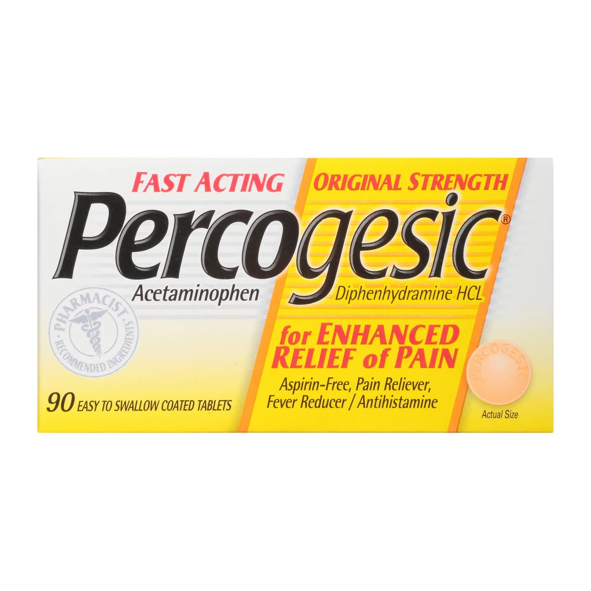 Percogesic Acetaminophen & Diphenhydramine Caplets 90 | Aspirin-Free Fast Relief