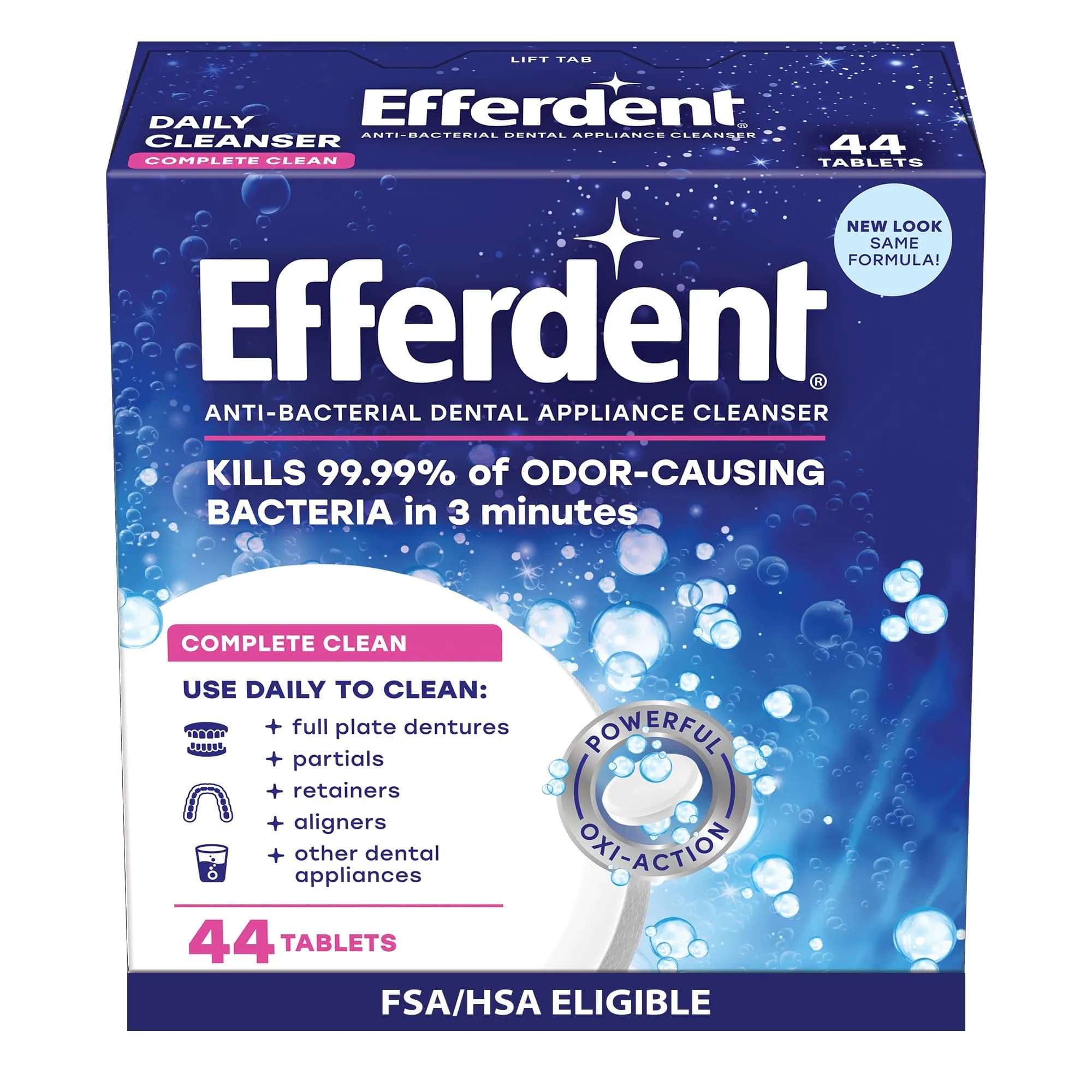 Efferdent Denture Cleaner Tablets Complete Clean 44 Count | Kills 99.99% Bacteria in 3 Minutes - main product image