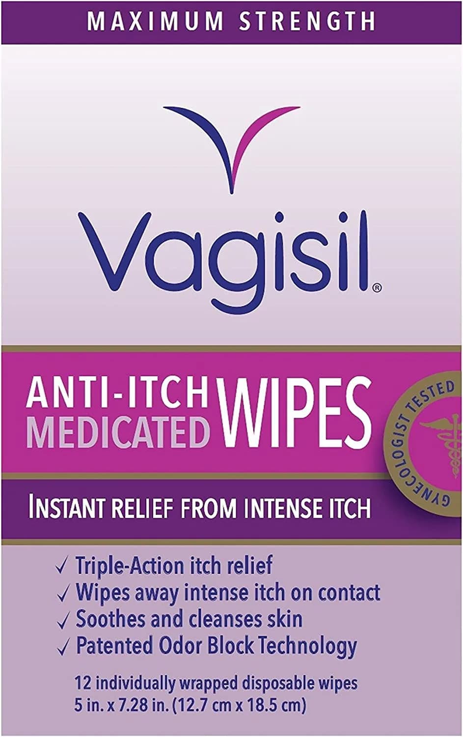 Vagisil Anti-Itch Medicated Feminine Wipes, Max Strength, 12 Wipes (1 Pack) | Fast Relief for Intense Vaginal Itching — Wipes