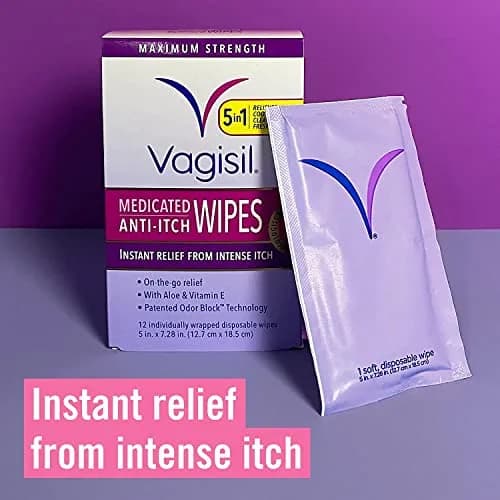 Vagisil Anti-Itch Medicated Feminine Wipes, Max Strength, 12 Wipes (1 Pack) | Fast Relief for Intense Vaginal Itching thumbnail 2