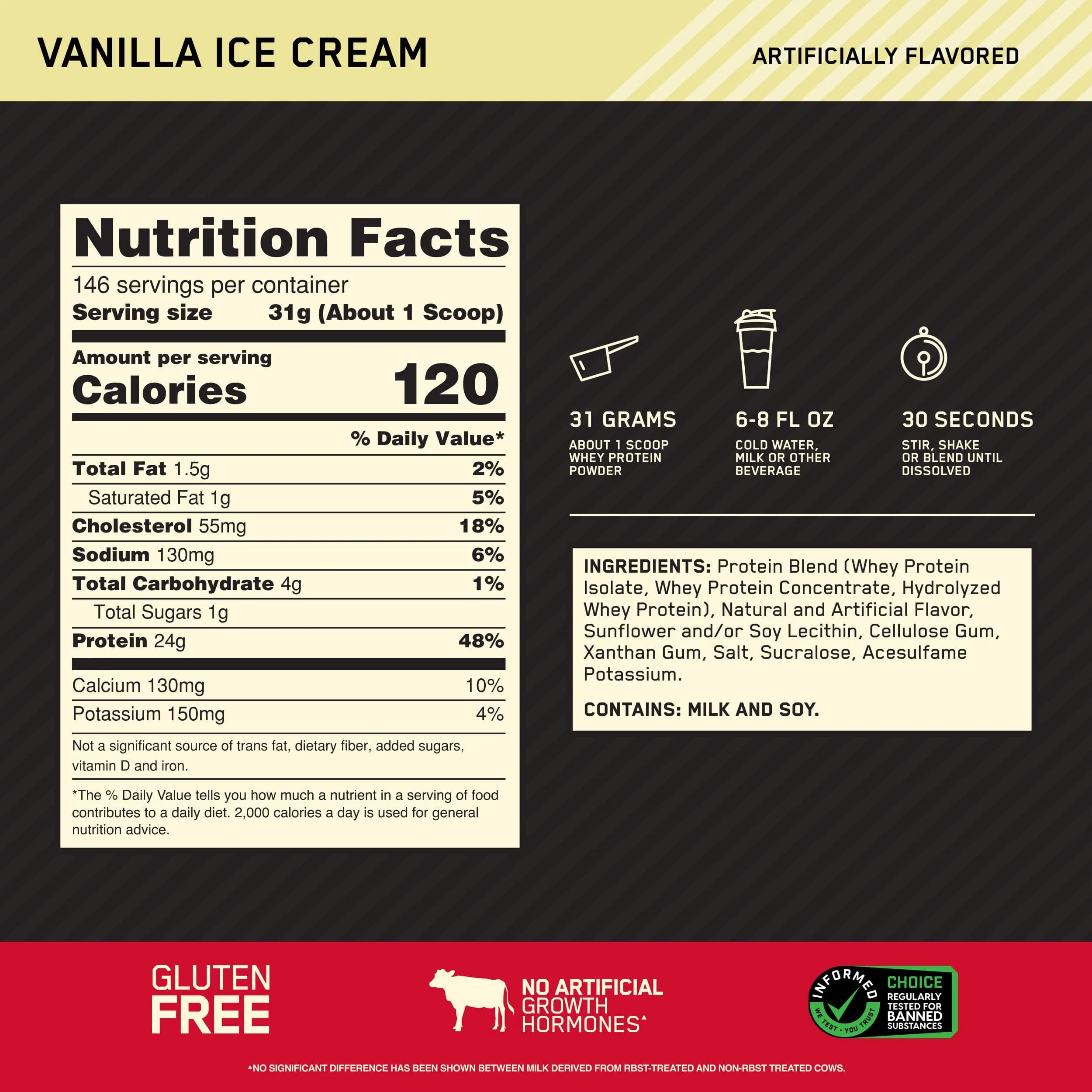 Optimum Nutrition Gold Standard 100% Whey Protein Powder Vanilla Ice Cream 4.53 kg (9.98 lb) | USA Imported Muscle Recovery Formula - view 3