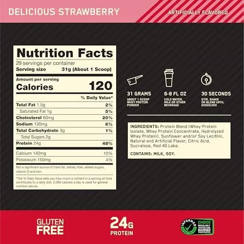 Optimum Nutrition Gold Standard 100% Whey Protein Powder, Delicious Strawberry, 4.54 kg (10 lb) | High Protein for Muscle Support thumbnail 3