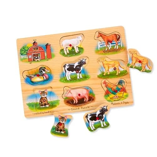 Melissa & Doug Farm Sound Puzzle - Wooden Peg Puzzle with Sound Effects (8 pcs) | Farm Animal Sounds for Kids 2-5 thumbnail 1