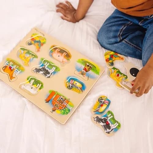 Melissa & Doug Farm Sound Puzzle - Wooden Peg Puzzle with Sound Effects (8 pcs) | Farm Animal Sounds for Kids 2-5 thumbnail 3