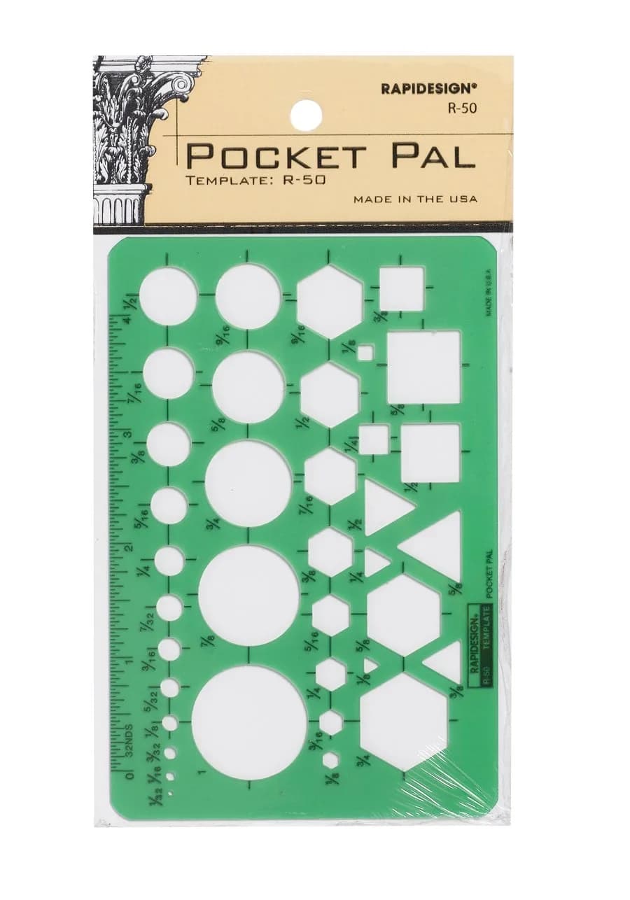 Rapidesign Pocket Pal Template, 1 Each (R50) | Shirt Pocket Size Drafting Template with Circles, Hexagons, Squares & Triangles