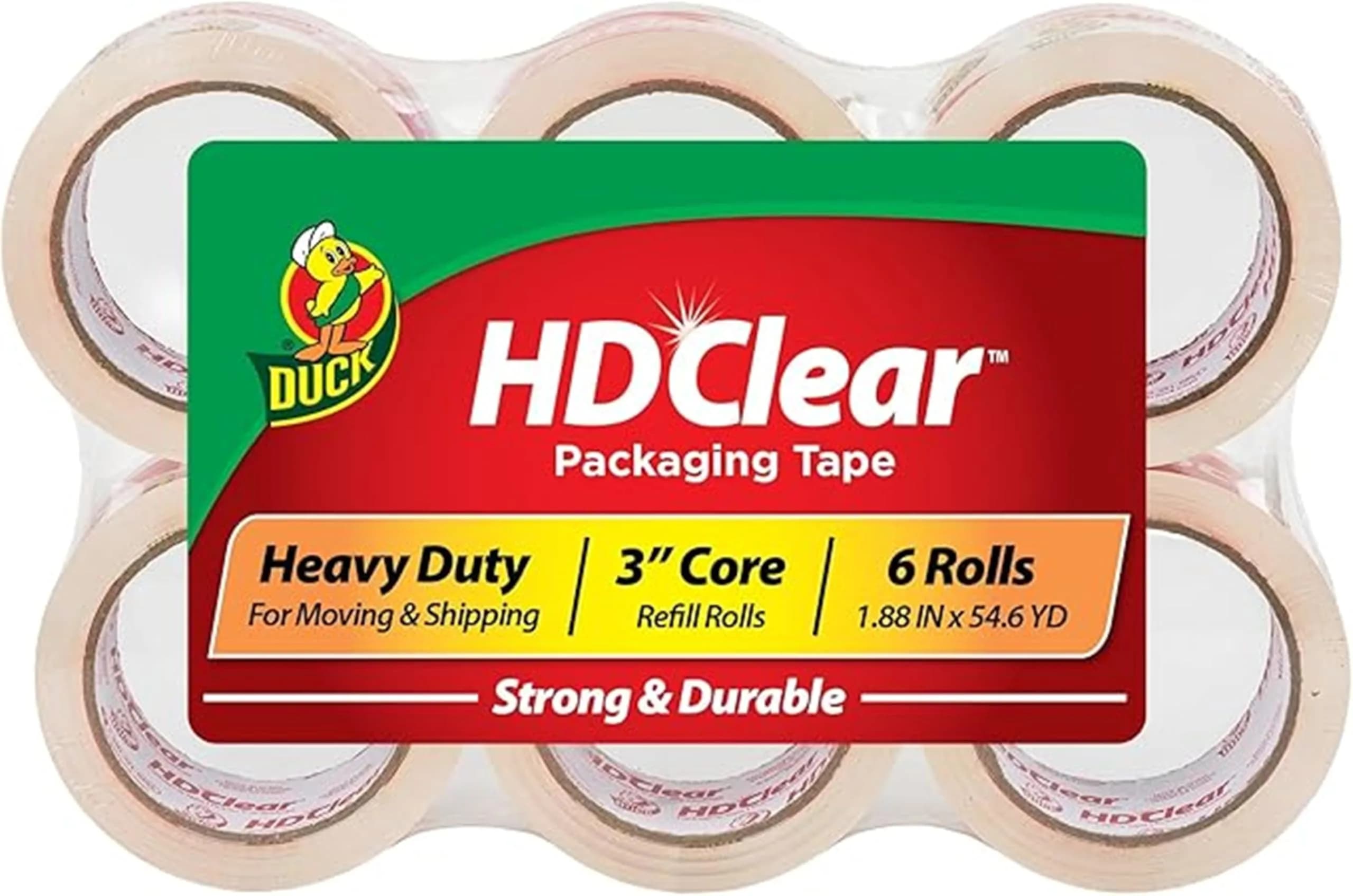 Duck HD Clear Packing Tape Refills - 6 Rolls, 1.88 In. x 54.6 Yards Each | Heavy Duty Acrylic Adhesive Tape for Boxes and Moving - main product image