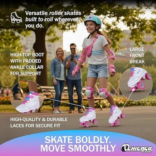 Chicago Skates Sidewalk Roller Skates – Durable, Top Performance Indoor/Outdoor Use Skate Shoes for Girls & Boys, High-Top Boot Safety Youth Quad Skates, 60mm PU Wheels, Adjustable Chassis & Trucks thumbnail 4