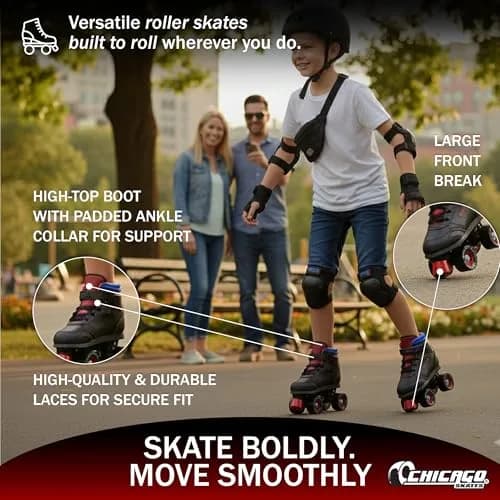Chicago Skates Sidewalk Roller Skates – Durable, Top Performance Indoor/Outdoor Use Skate Shoes for Girls & Boys, High-Top Boot Safety Youth Quad Skates, 60mm PU Wheels, Adjustable Chassis & Trucks thumbnail 4