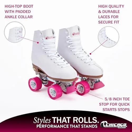 Chicago Skates Premium White Quad Roller Skates for Girls and Women Beginners | Classic Adjustable High-Top Design for Indoor or Outdoor Skates and Roller Derby thumbnail 4