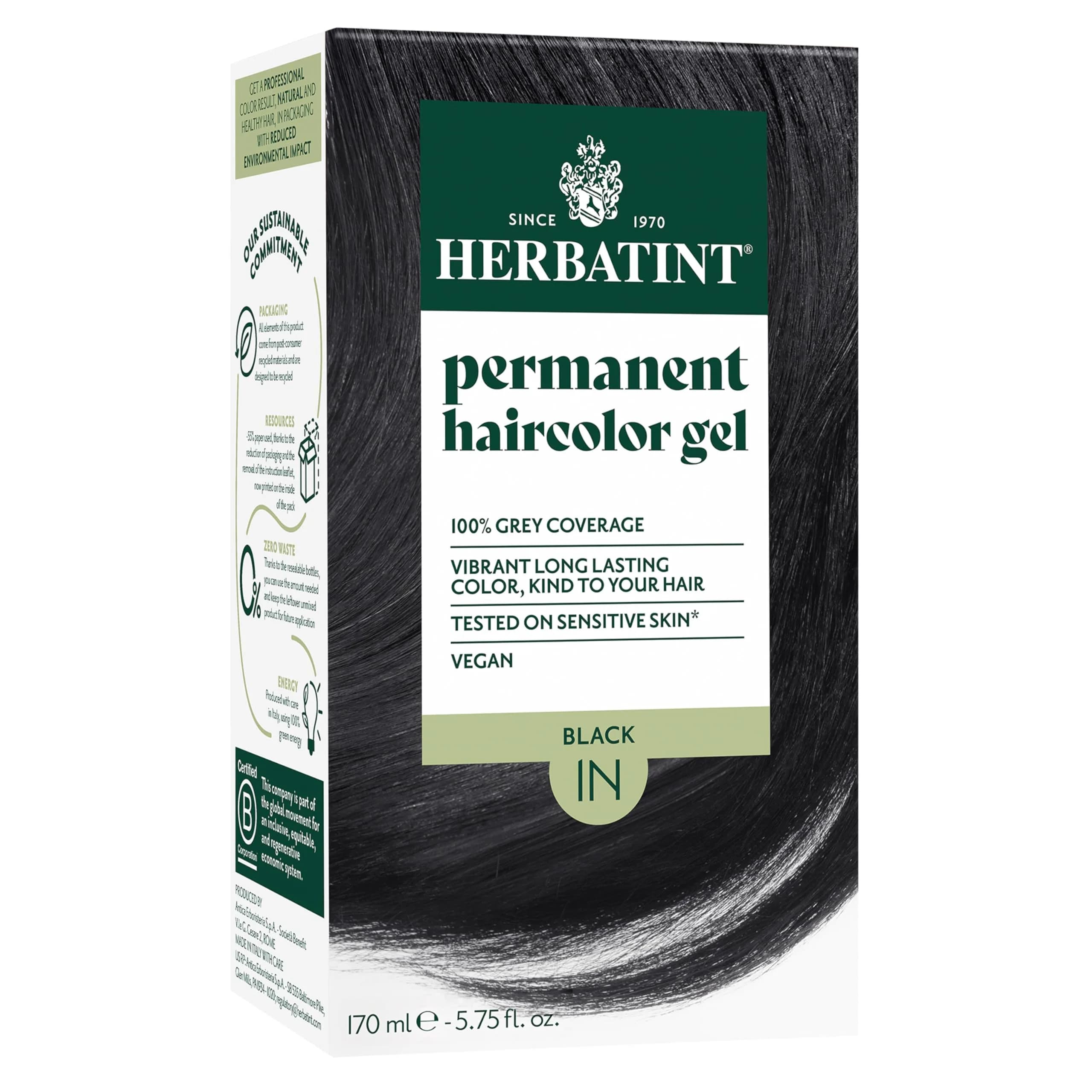 Herbatint 1N Black Permanent Hair Dye, Women's Hair Color 165 ml (5.75 Fl Oz) | Ammonia-Free Gray Coverage - main product image