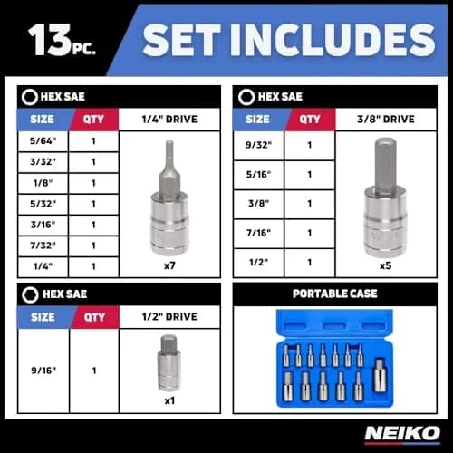 NEIKO 10075A SAE Hex Bit Socket Set | 13-Piece Set | 1/4", 3/8", 1/2" Drives thumbnail 5