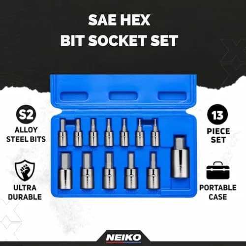 NEIKO 10075A SAE Hex Bit Socket Set | 13-Piece Set | 1/4", 3/8", 1/2" Drives thumbnail 2