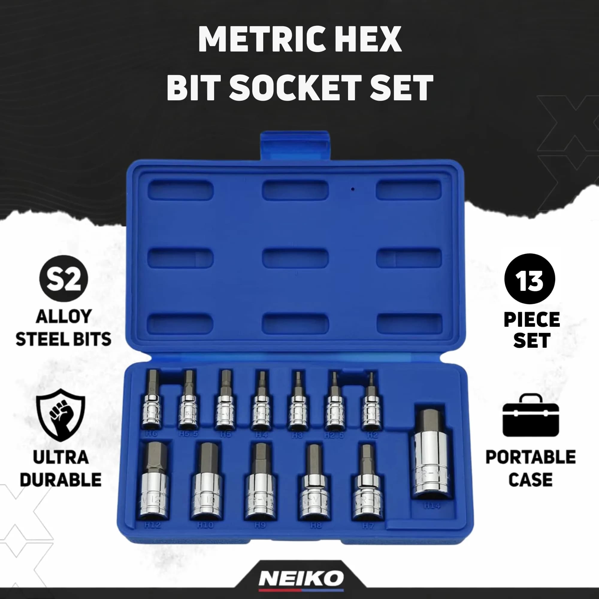 NEIKO Metric Hex Bit Socket Set | 13-Piece Set | 2mm-14mm | 1/4", 3/8", 1/2" Drive - view 2