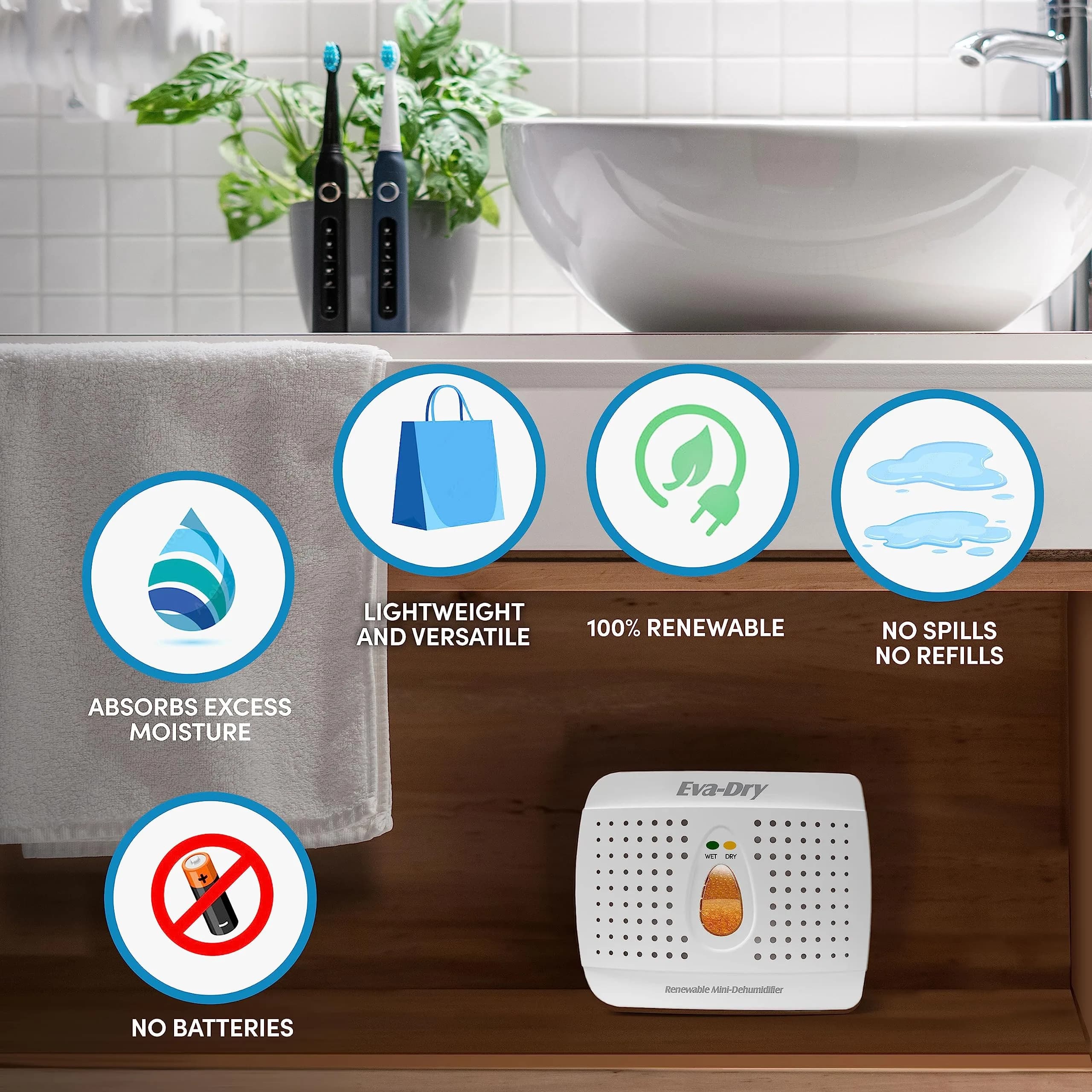 Eva-Dry E-333 Wireless Mini Dehumidifier, White 6oz (177ml) | Renewable Silica Gel for Small Spaces - view 4