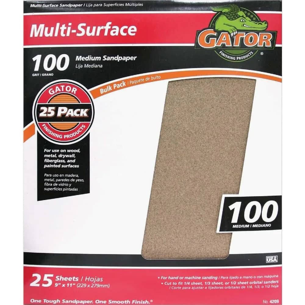 Gator 9" x 11" Multi-Surface Sanding Sheets, 100 Grit, 25 Pack | Aluminum Oxide for Wood, Metal, Fiberglass - main product image