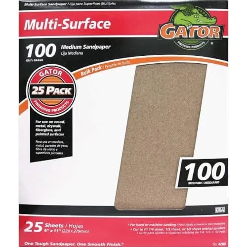 Gator 9" x 11" Multi-Surface Sanding Sheets, 100 Grit, 25 Pack | Aluminum Oxide for Wood, Metal, Fiberglass thumbnail 1