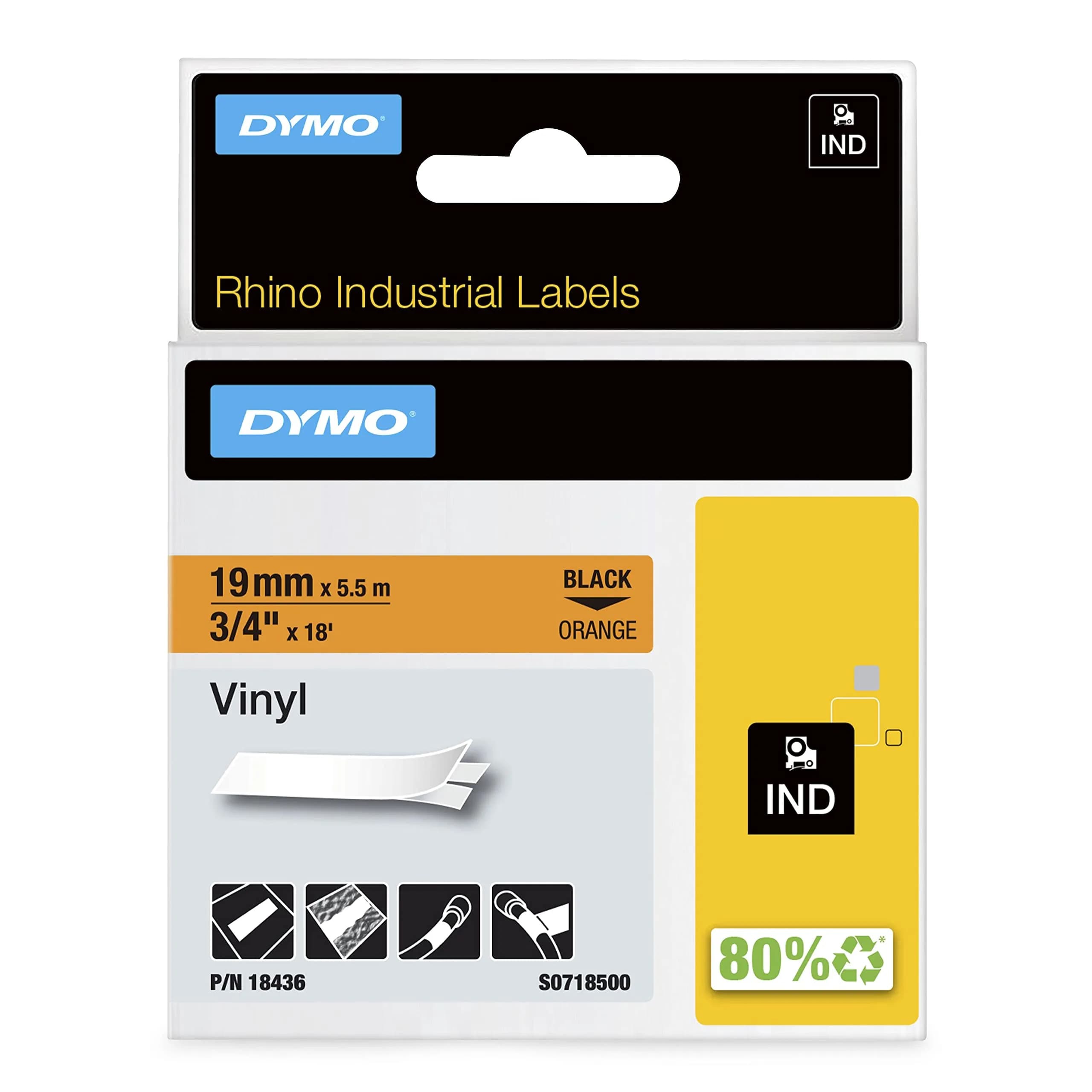 DYMO Rhino Industrial Vinyl Label Tape 19mm (3/4") Black on Orange | Durable & Weather-Resistant - main product image