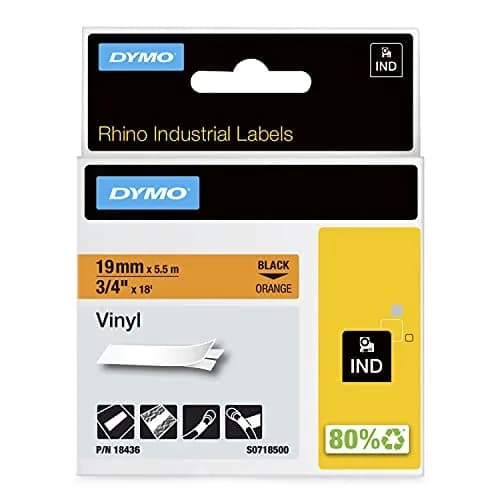 DYMO Rhino Industrial Vinyl Label Tape 19mm (3/4") Black on Orange | Durable & Weather-Resistant thumbnail 1