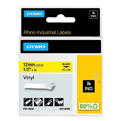 DYMO Rhino Industrial Vinyl Labels 1/2" (12MM) Black Print on Yellow Tape | Durable & Weather-Resistant thumbnail 1