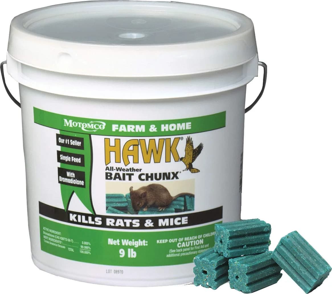 Durvet MOTOMCO Hawk Mouse and Rat Bait Chunx 9 lb | Powerful rodent control for rural use