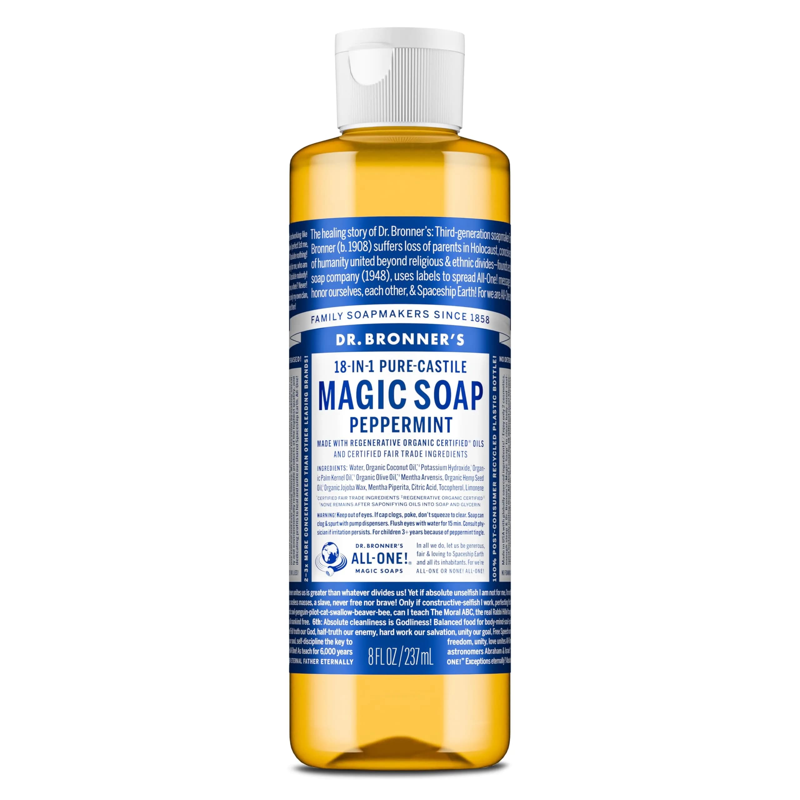 Dr. Bronner's Peppermint Pure-Castile Liquid Soap 237ml (8 Fl Oz) | Gentle Multi-Use Body Wash & Cleanser - main product image