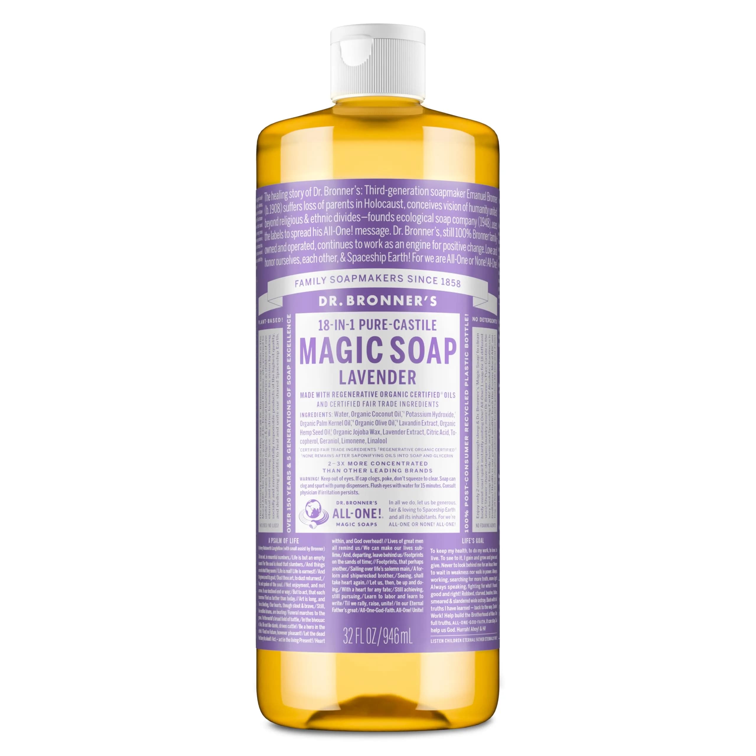 Dr. Bronner's Pure-Castile Liquid Soap Lavender 472ml (16 Fl Oz) | Gentle Organic 18-in-1 Use All-Purpose Cleanser — 32 Ounce