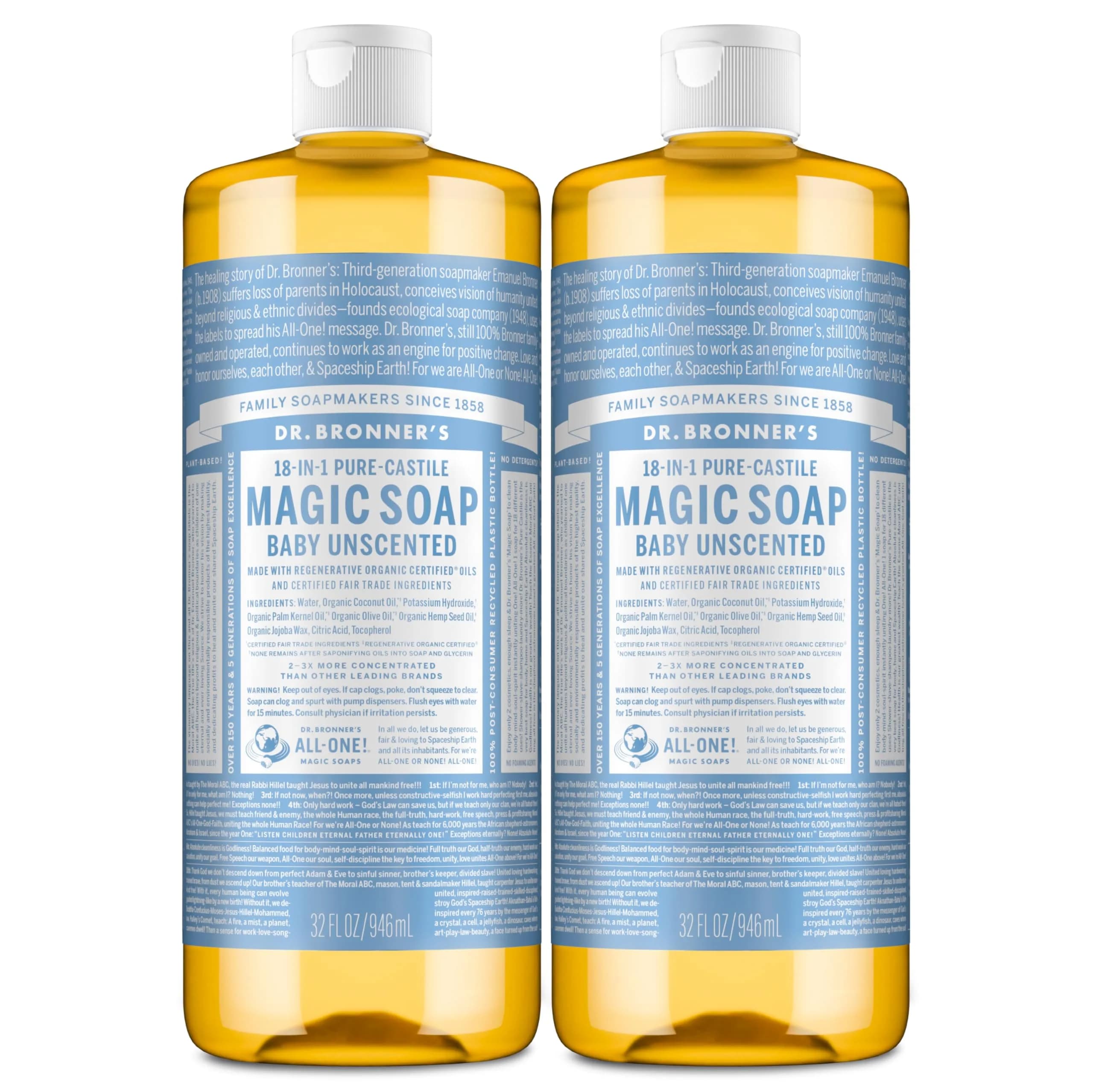Dr. Bronner's Baby Unscented Pure-Castile Liquid Soap 946ml (32 Fl Oz) | Made with Regenerative Organic Certified Oils — 32 Fl Oz