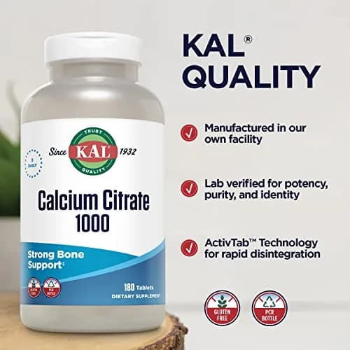 KAL Calcium Citrate 1000mg Mineral Supplement Tablets 180 Count | Bone Health Support thumbnail 4
