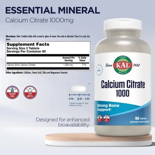 KAL Calcium Citrate 1000mg Mineral Supplement Tablets 180 Count | Bone Health Support thumbnail 2