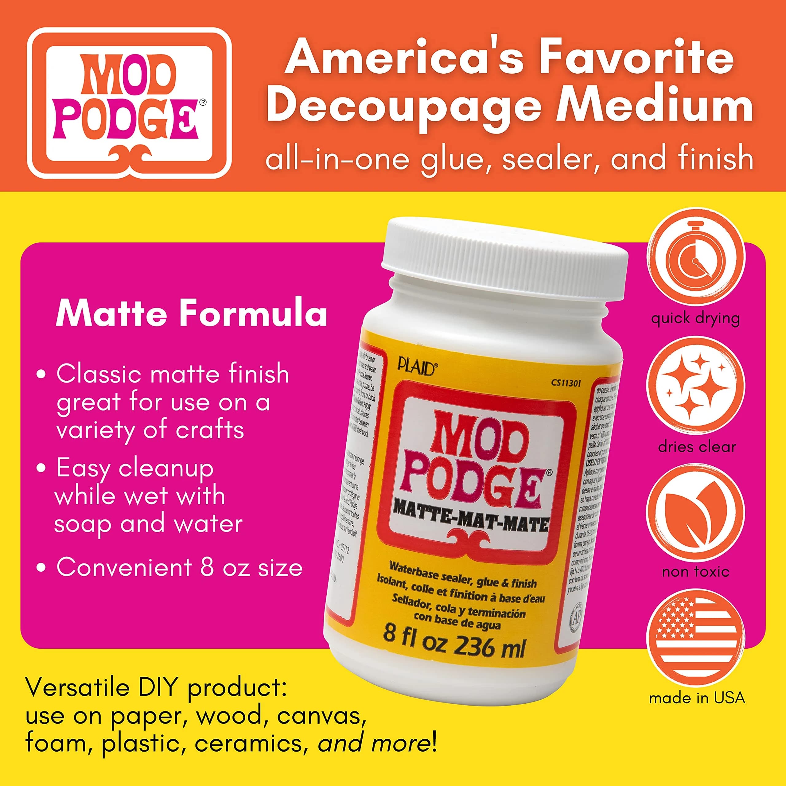 Mod Podge Matte Sealer, Glue & Finish (8 oz / 237 ml) | All-in-One Craft Solution for Wood, Paper, Fabric - view 2